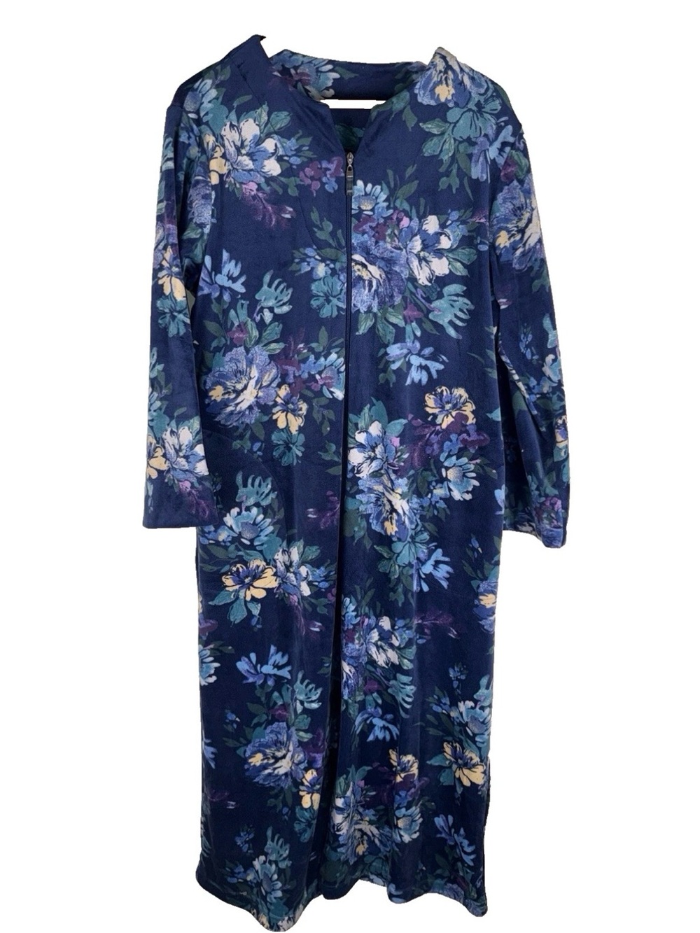 Miss Elaine Long Blue and Purple Floral Long Sleeve Velour Robe Full Zip NOTES